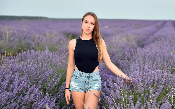 Een Jong Blodne Model Een Prachtig Lavendelveld — Stockfoto