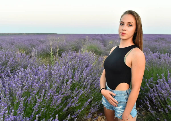 Giovane Modello Blodne Meraviglioso Campo Lavanda — Foto Stock