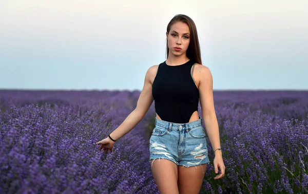 Een Jong Blodne Model Een Prachtig Lavendelveld — Stockfoto