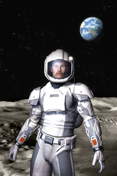 Futuristic astronaut on the moon surface