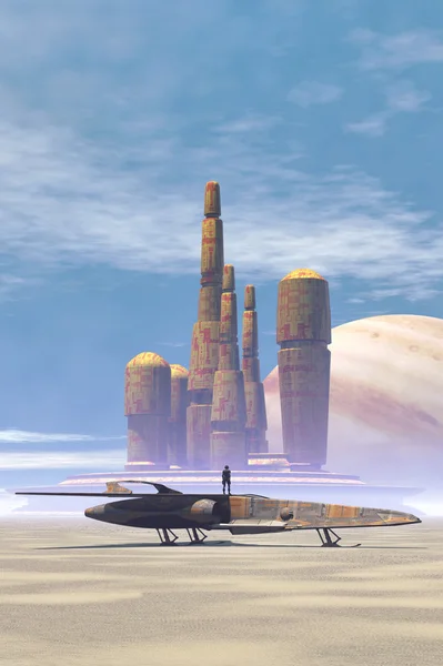 Space fighter and city in a desert planet — Stock Photo, Image