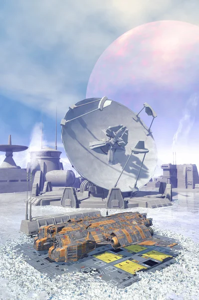 Spaceship landed on a frozen outpost — Stock Photo, Image