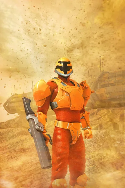 Soldado futurista en una tormenta del desierto — Foto de Stock