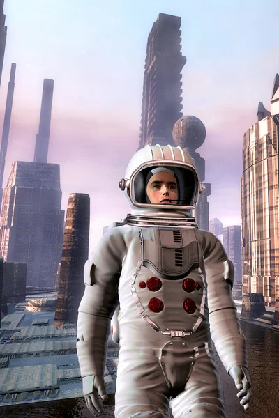 Entdecker Astronaut in außerirdischer Stadt — Stockfoto