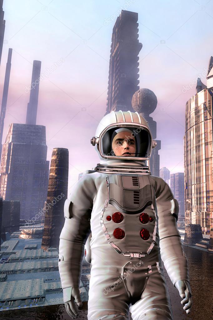 Explorer astronaut in alien city