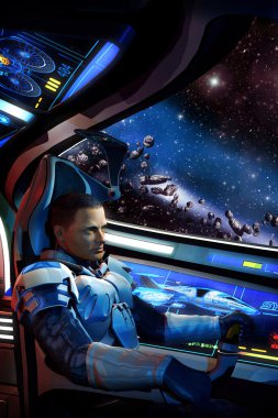 Uzay pilot uzay gemisi ve asteroid alanından