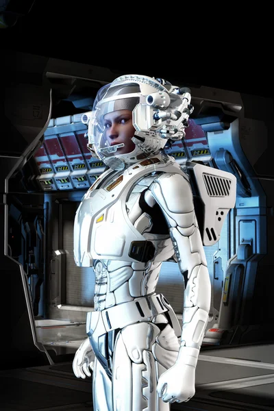 Futuristic astronaut girl in space suit — Stock Photo, Image