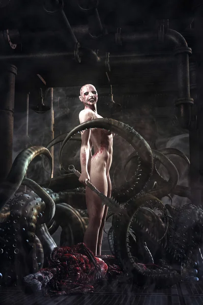 Fantasy killer evil girl and tentacles monster — Stock Photo, Image