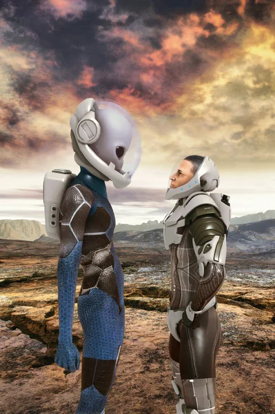 Alien and human astronauts encounter — Stock Photo, Image