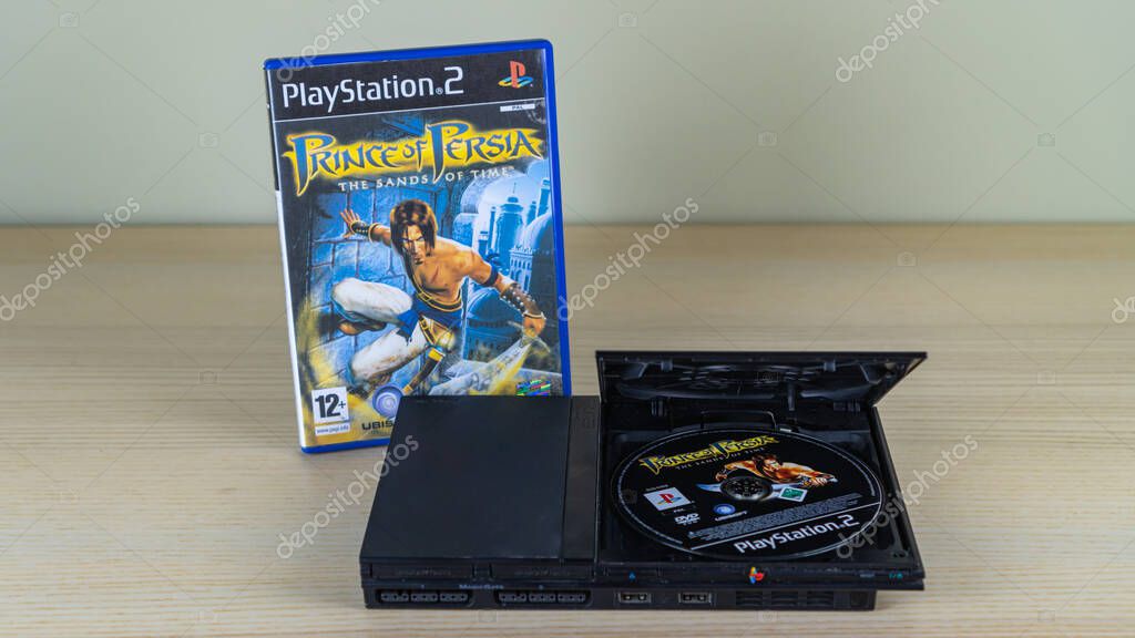 Istanbul, Turkey - January 2021: Prince of Persia game from Ubisoft with Play Station 2 Slim. PS2 is a 128 bit video game console by Sony.
