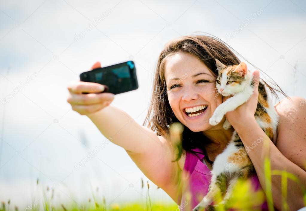 Selfie woman and cat