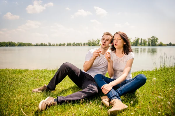 Enjoying life - couple blowing dandelions — Stock Photo, Image