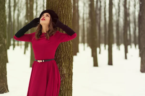 Hermosa mujer en el bosque de invierno — Foto de Stock