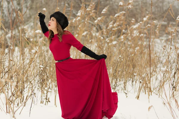 美丽的女人，在冬天的旷野 — 图库照片