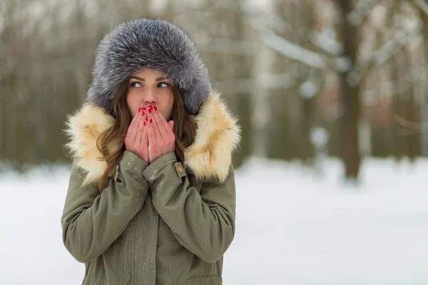 Beautiful woman in winter coat and fur hat — Stock Photo, Image