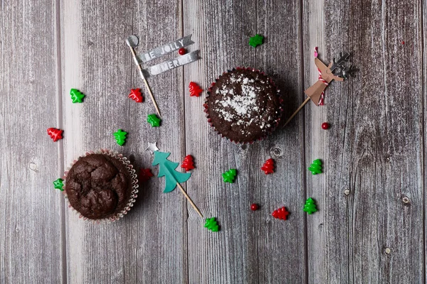 Fondo Navidad Con Mesa Madera Decoración Plana — Foto de Stock