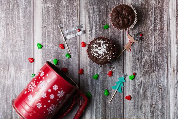 Fondo Navidad Con Mesa Madera Decoración Plana — Foto de Stock