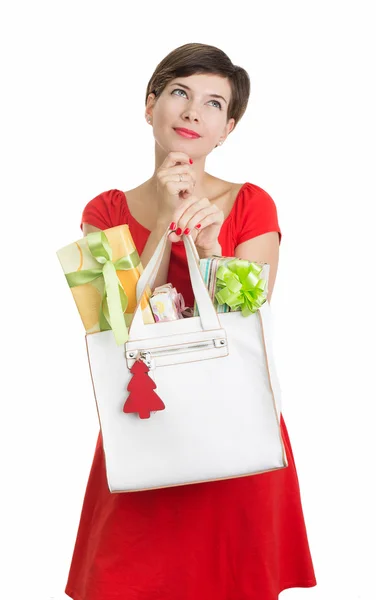 Belle femme avec des cadeaux de Noël — Photo