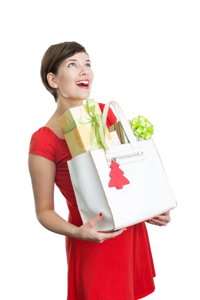 Belle femme avec des cadeaux de Noël — Photo