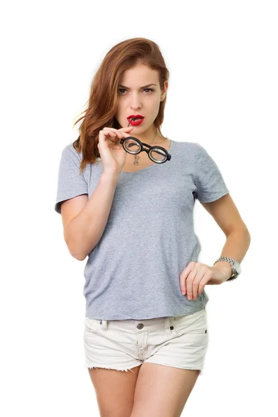 Mujer atractiva con gafas de lectura — Foto de Stock