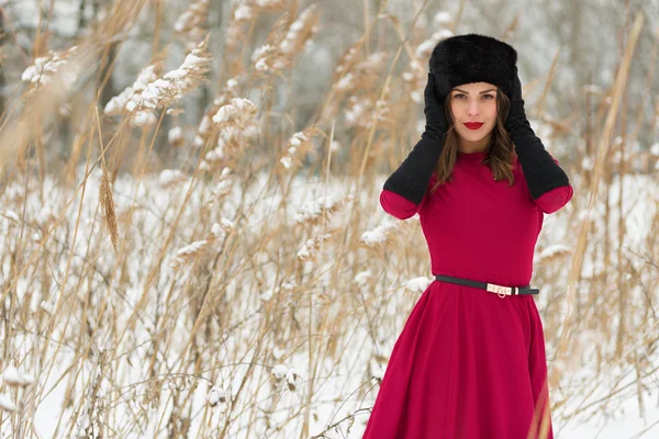 Hermosa mujer en campo de invierno — Foto de Stock