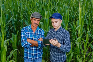 Bir tablet bilgisayar kullanan iki çiftçinin tarım endüstrisi,