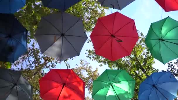 Цветные зонтики висят в общественном парке — стоковое видео