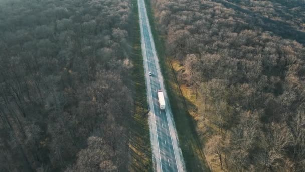 4K Aerial top view over straight road with cars — Stock video