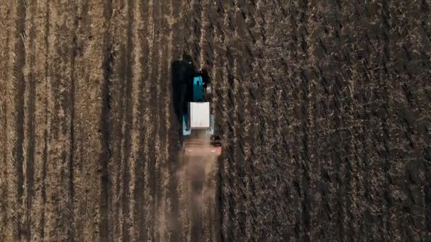 Luftaufnahme eines landwirtschaftlichen Traktors, der das Land vorbereitet, eggt den Boden auf den fruchtbaren Feldern — Stockvideo
