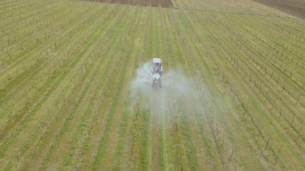 Luchtfoto van een trekker die chemische insecticide of meststoffen tegen boomgaarden spuit — Stockvideo