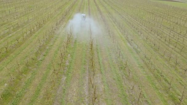 Вид с воздуха на сельскохозяйственный трактор, распыляющий яблоневый сад с распылителем — стоковое видео