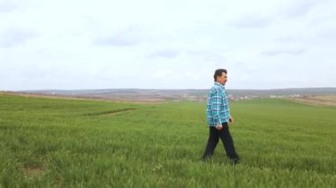 Genç Yeşil Buğday Tarlası ve İnceleme Ürünleri 'nde kıdemli çiftçi