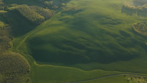 Luftaufnahme der ländlichen Landschaft mit grünen Wiesen und Wäldern bei Sonnenaufgang. — Stockvideo