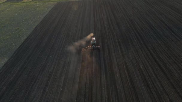 Luftaufnahme von Landwirt im Traktor, der Land für die Aussaat bei Sonnenaufgang vorbereitet — Stockvideo