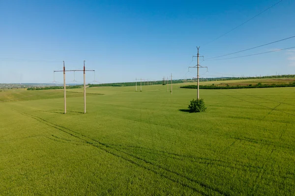 aerial view of High voltage electric towers and Flying over a field of wheat