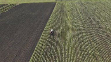 İHA 'nın yeşil buğday tarlasında ve tarlada çalışan bir traktörün üzerinde uçuşu..