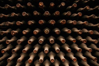 Bir sürü eski şarap şişesi tozla kaplı.