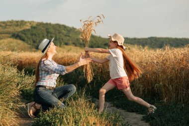 Çiftçilerin ailesi, kafalarında şapkalarla altın buğday tarlasında mutlu anne ve kız..