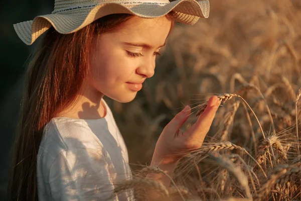 Close up the child touches golden ears of wheat — Stock Photo, Image