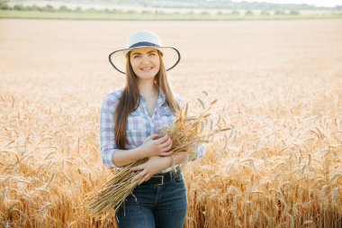 Şapkalı kadın çiftçi sarı buğdayla tarlada duruyor ve buğday kulakları tutuyor.