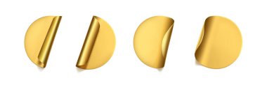 Altın yuvarlak buruşuk çıkartmalar ve soyulmuş köşeli maket setleri. Yapışkan altın folyo ya da beyaz arka planda buruşuk efektli plastik etiket. Boş şablon etiketleri. 3d gerçekçi vektör