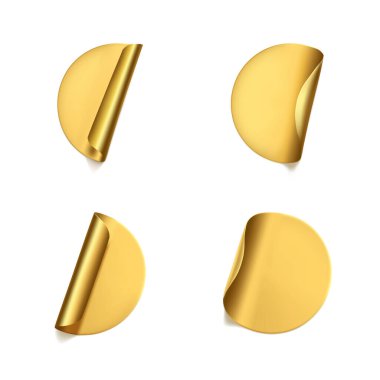 Altın yuvarlak buruşuk çıkartmalar ve soyulmuş köşeli maket setleri. Yapışkan altın folyo ya da beyaz arka planda buruşuk efektli plastik etiket. Boş şablon etiketleri. 3d gerçekçi vektör