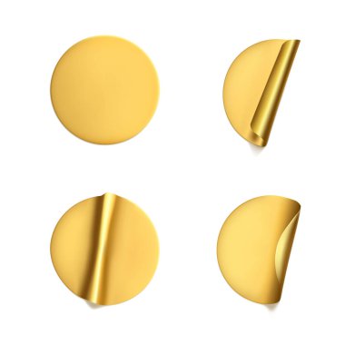 Altın yuvarlak buruşuk çıkartmalar ve soyulmuş köşeli maket setleri. Yapışkan altın folyo ya da beyaz arka planda buruşuk efektli plastik etiket. Boş şablon etiketleri. 3d gerçekçi vektör