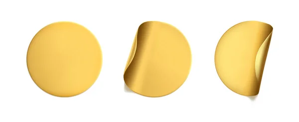 코너에 껍질을 벗기는 금테가 둘려 있는 스티커들이 붙어 있다. 접착 금박 (Adhesive golden foil) 또는 플라스틱 스티커 라벨은 흰색 배경에 주름이 있다. 방울 주형 표시 태그입니다. 3d 사실 벡터 — 스톡 벡터