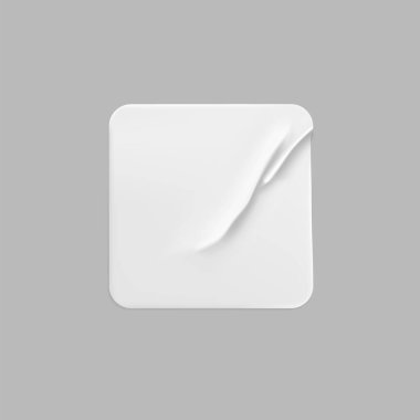 Beyaz kare yapıştırmalı çıkartma. Boş beyaz yapışkan kare kağıt ya da buruşuk efektli plastik etiket. Boş şablon etiketleri. 3d gerçekçi vektör.