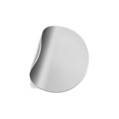 Gümüş yuvarlak buruşuk çıkartmalı, köşesi soyulmuş, model seti var. Yapışkan gümüş folyo ya da beyaz arka planda kırışık efektli plastik etiket. Boş şablon etiketi. 3d gerçekçi vektör.