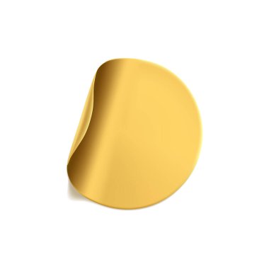 Altın yuvarlak buruşuk çıkartma, köşe soyma sahnesi seti. Yapışkan altın folyo ya da beyaz arka planda buruşuk efektli plastik etiket. Boş şablon etiketi. 3d gerçekçi vektör.