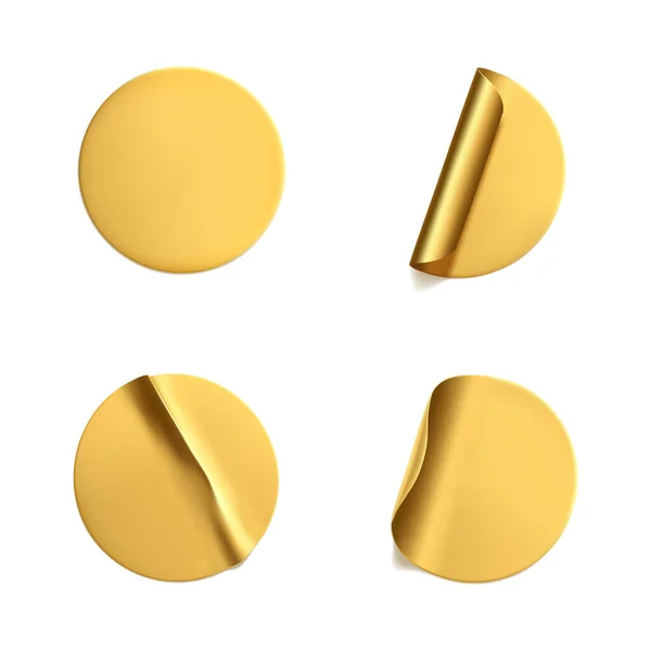 Gouden Ronde Verkreukelde Stickers Met Afpelbare Hoekmock Set Zelfklevende Gouden — Stockvector