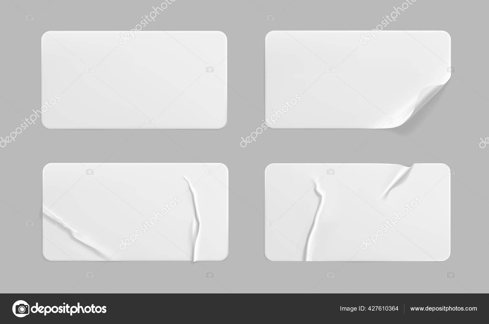 Weiß geklebte zerknüllte Aufkleber mit gewellten Ecken sind eine Attrappe.  Weißes Klebepapier oder Aufkleberetikett aus Kunststoff mit faltiger und  faltiger Wirkung. Template-Etiketten schließen sich an. 3D realistischer  Vektor Stock-Vektorbild von ..., image size:1600x1060