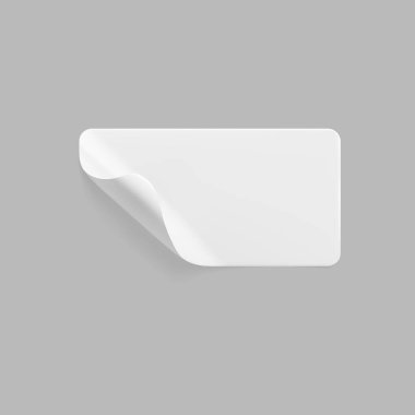Kıvrımlı köşeleri olan beyaz yapıştırmalı dikdörtgen çıkartma. Boş beyaz yapıştırıcı kağıt ya da buruşuk ve buruşuk efektli plastik etiket. Şablon etiketi kapat. 3d gerçekçi vektör.